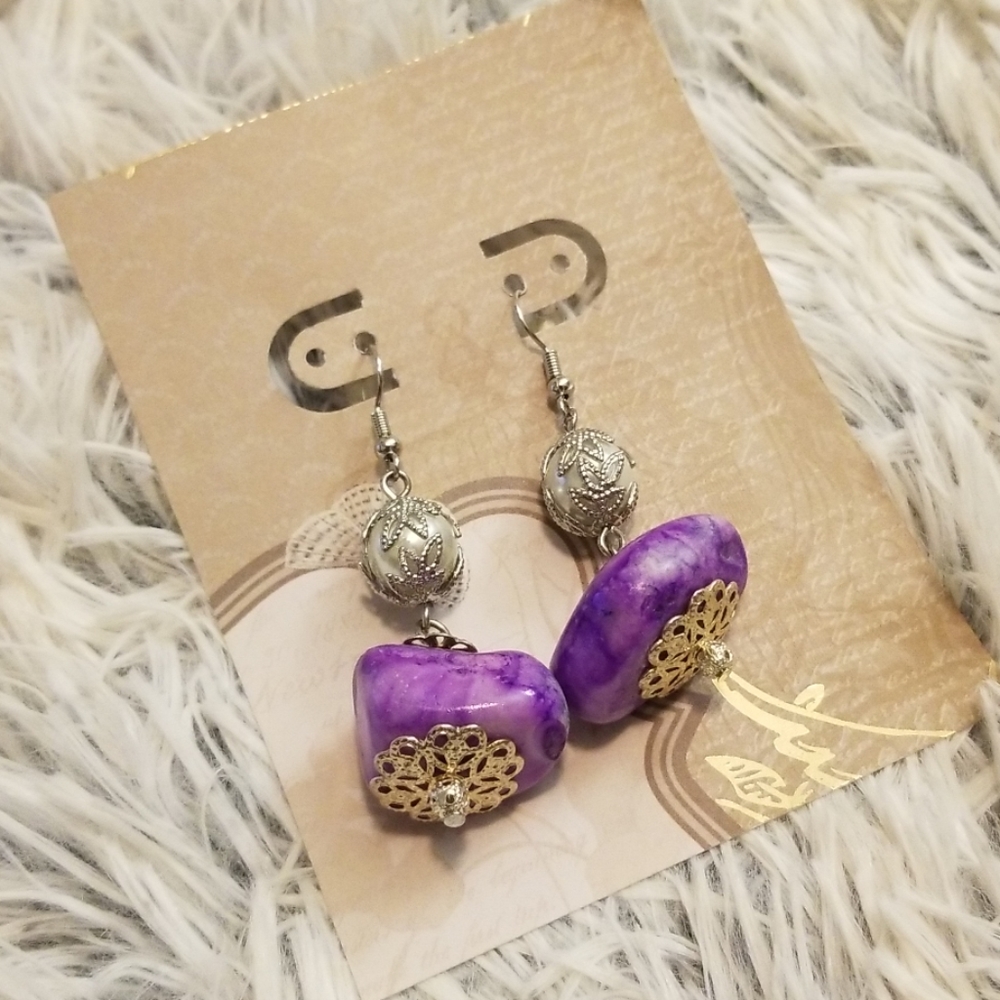 Pearl and Purple gemstones earrings Halloween fall autumn